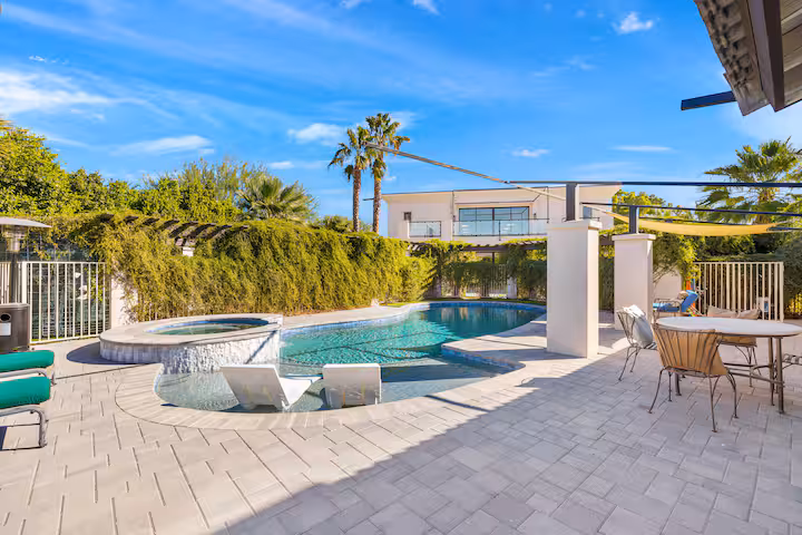 Pool area with mountain view