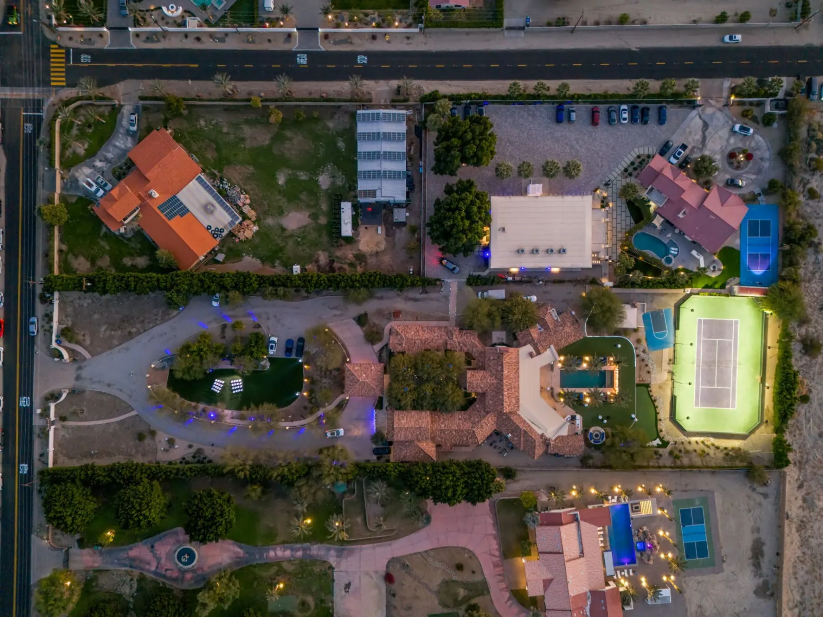 Top-down aerial of the full estate grounds