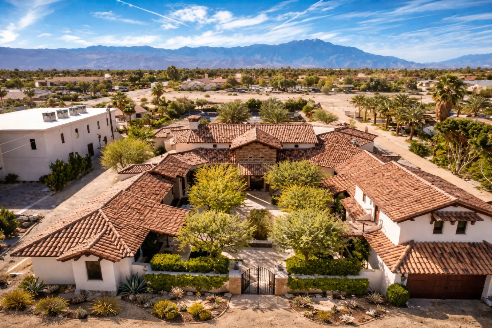 Estate entrance with mountain backdrop