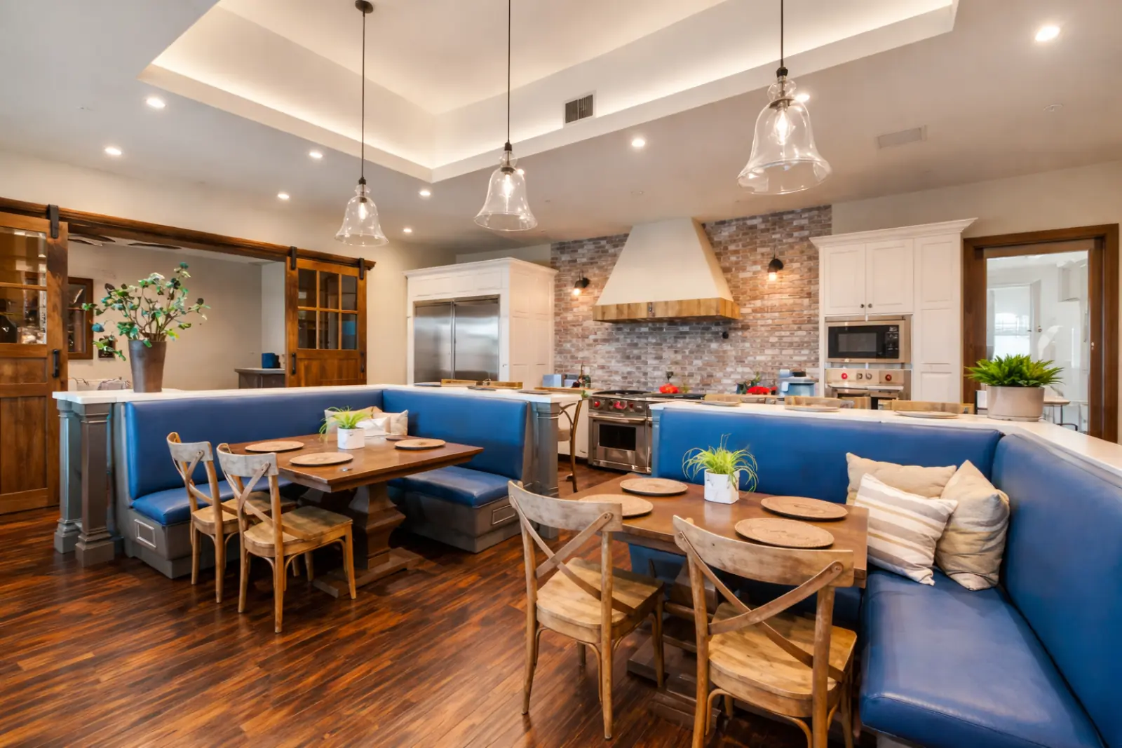 Kitchen with blue booth seating