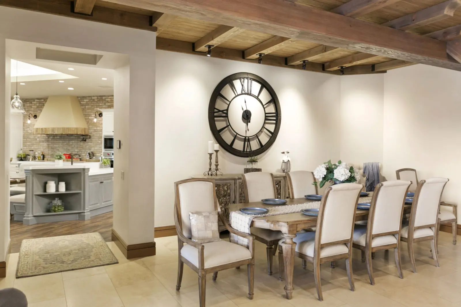 Formal dining area with oversized clock