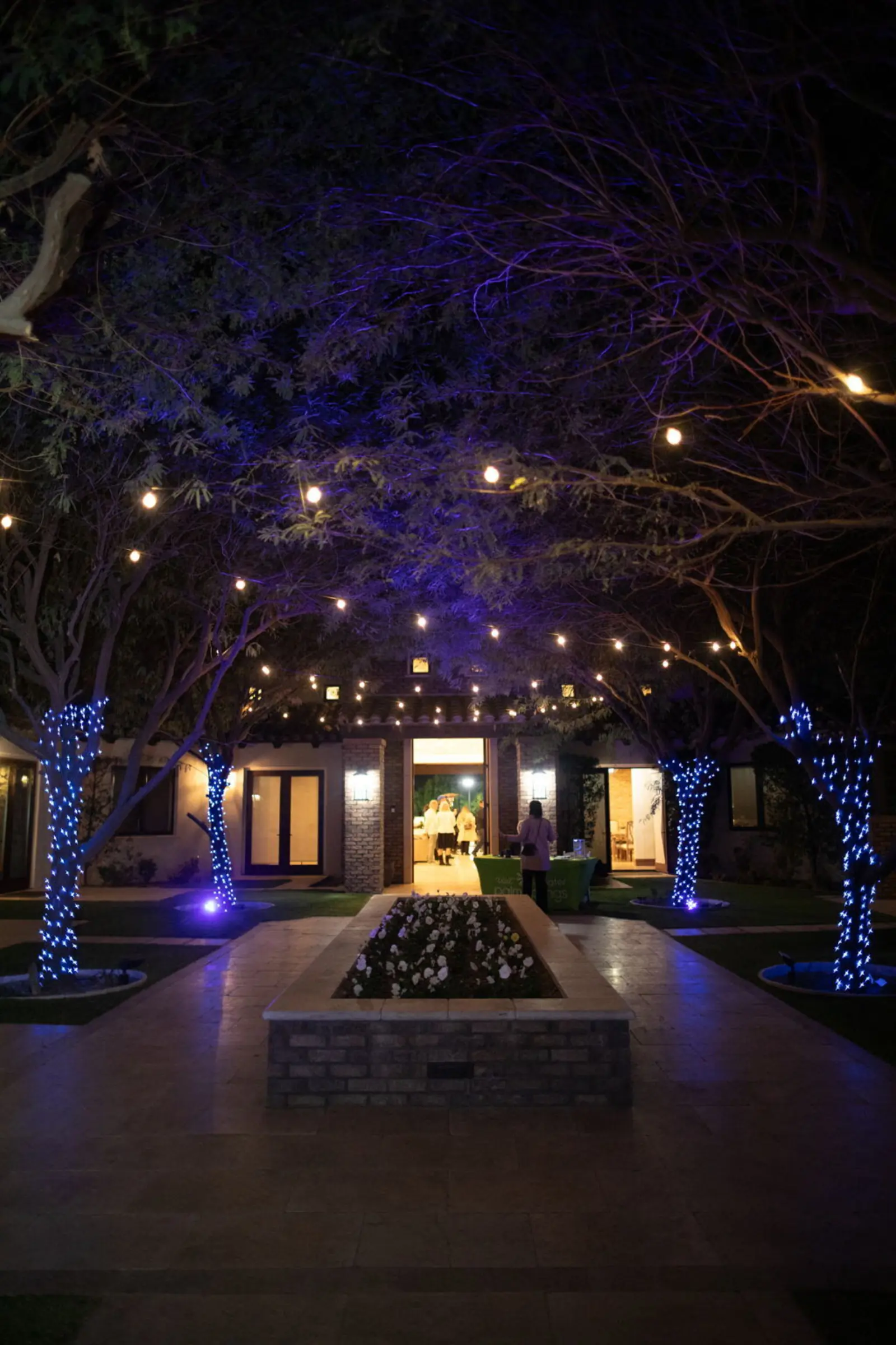 Courtyard with string lights at night