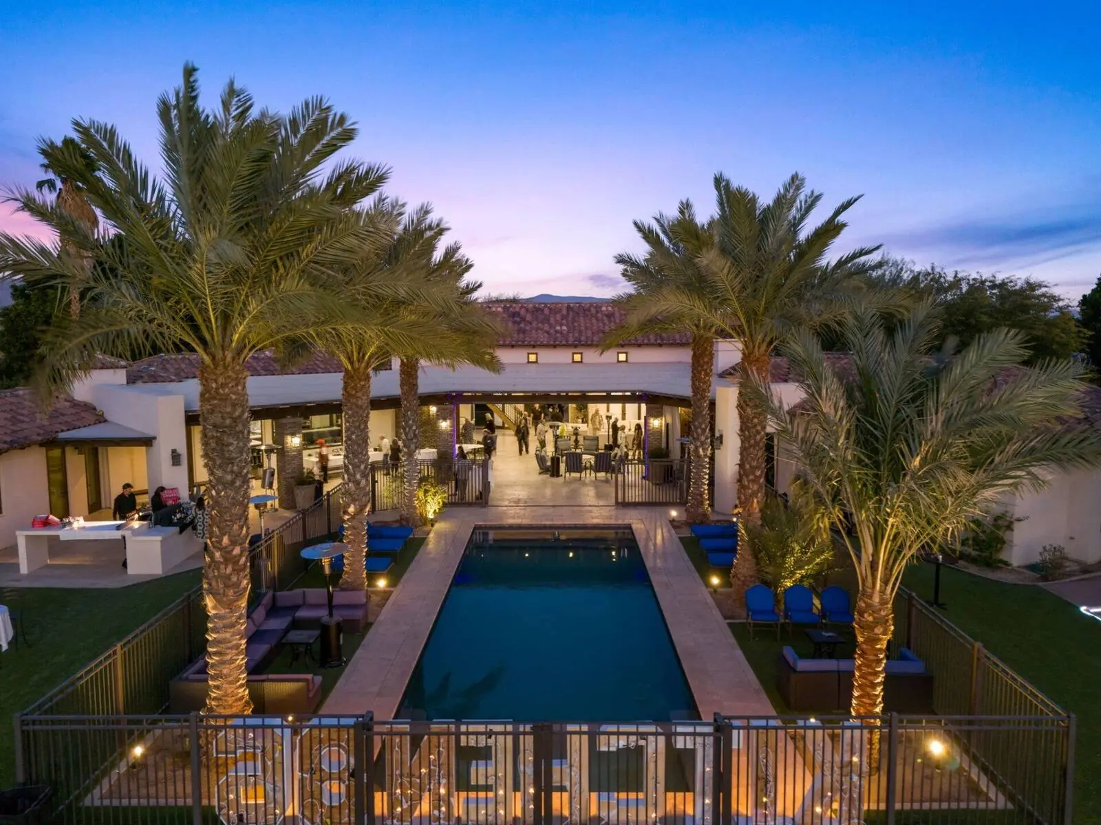 Aerial view of pool and event gallery at sunset