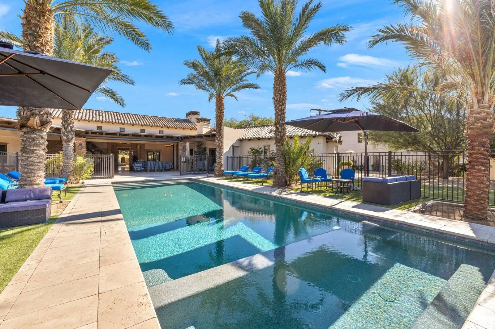 Pool and palms with mountain views in daylight